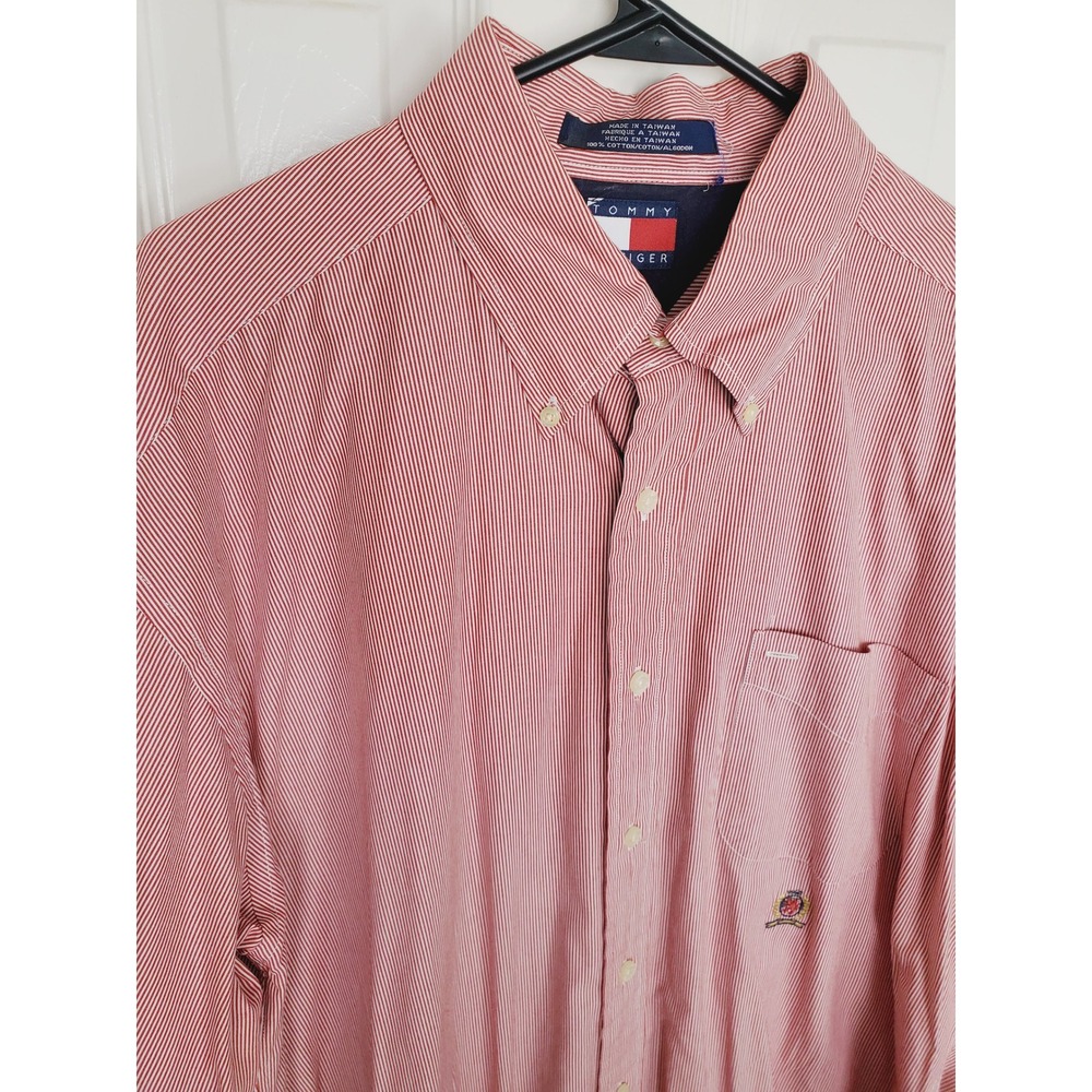 Tommy Hilfiger Crest Button Up Shirt Red White Striped Vintage Preppy Cotton XL